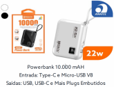 Power Bank 10000mah Turbo 22.5W Saída usb + PD TYPE-C Com cabo Type-c e IPhon HREBOS HS927